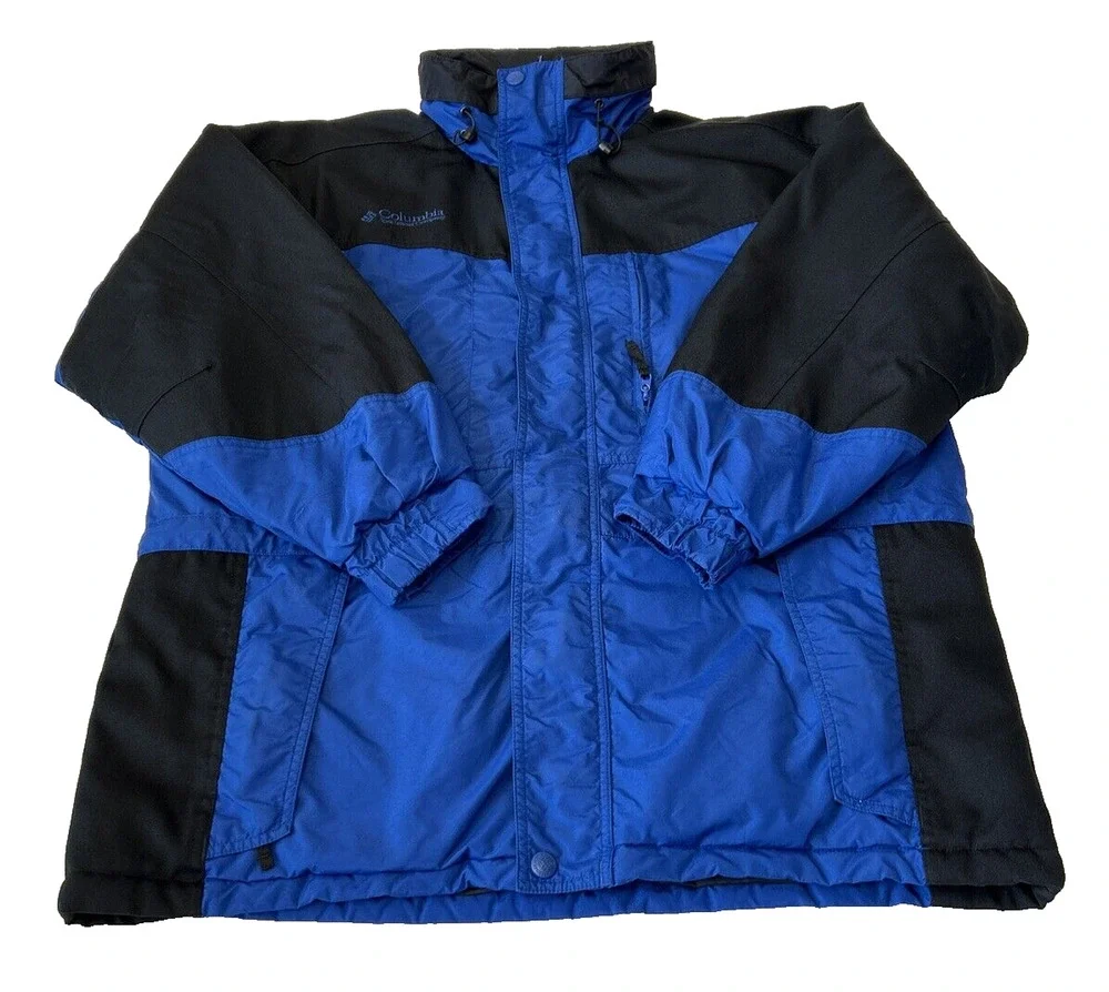 Columbia Men's Parka Sz L Blue/Black Nylon Hooded Pockets Adj Waist Fleece Lined